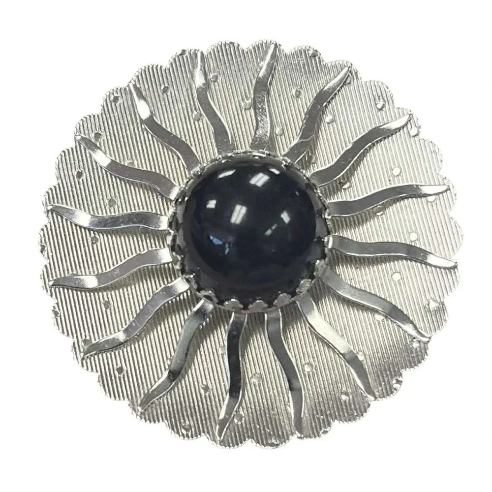 1962 Sarah Coventry MCM Sunburst Silver Black Brooch Jewelry Pin